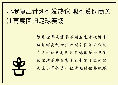 小罗复出计划引发热议 吸引赞助商关注再度回归足球赛场