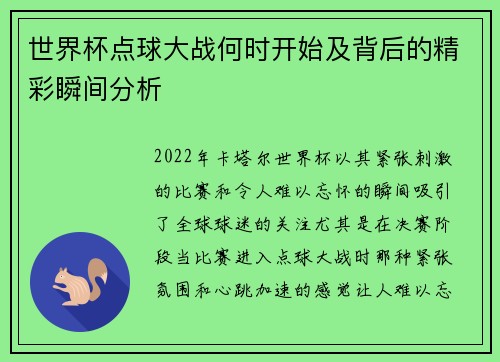 世界杯点球大战何时开始及背后的精彩瞬间分析