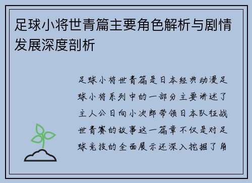 足球小将世青篇主要角色解析与剧情发展深度剖析